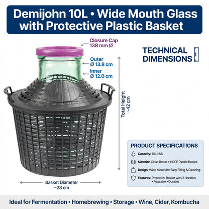 Glass Demijohn 10L 15L 20L Wide Mouth With Plastic Basket + Lid For Wine Making