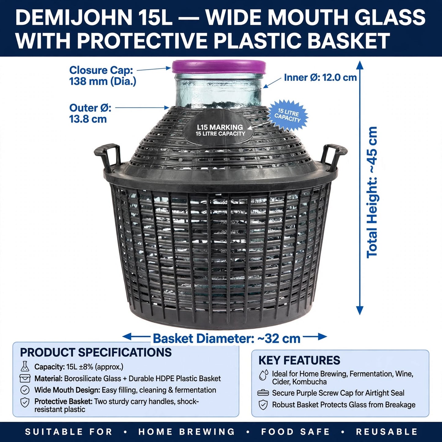 Glass Demijohn 10L 15L 20L Wide Mouth With Plastic Basket + Lid For Wine Making