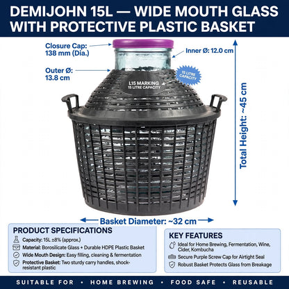 Glass Demijohn 10L 15L 20L Wide Mouth With Plastic Basket + Lid For Wine Making