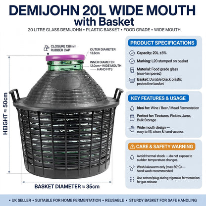 Glass Demijohn 10L 15L 20L Wide Mouth With Plastic Basket + Lid For Wine Making
