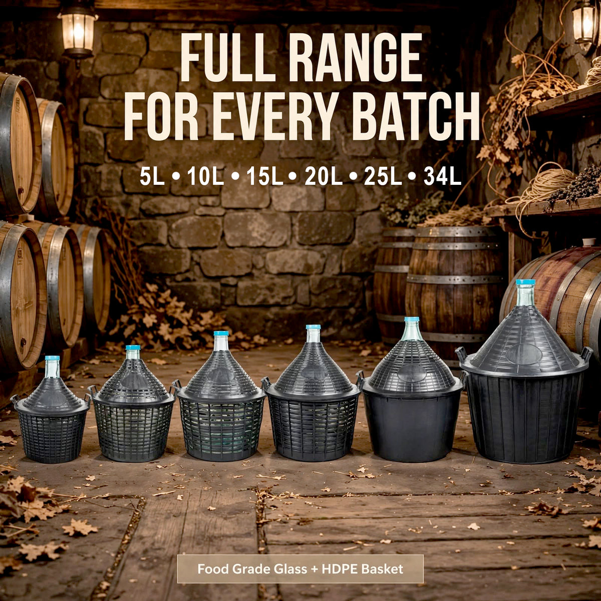 10L 15L 20L 25L 34L - Glass Demijohn With Basket For Wine Beer Mead Fermentation