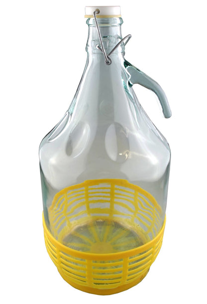 5‑Litre Glass Demijohn Bottle with Swing‑Top Lid and Yellow Safety Basket