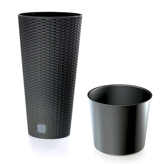 Tall Round Rattan Effect Planter with Insert 27L Anthracite Indoor Outdoor Pot