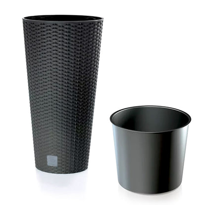 Tall Round Rattan Effect Planter with Insert 27L Anthracite Indoor Outdoor Pot
