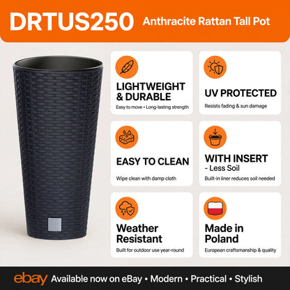 Large Tall Outdoor Flowerpot Anthracite 25cm Rattan Effect Planter With Insert