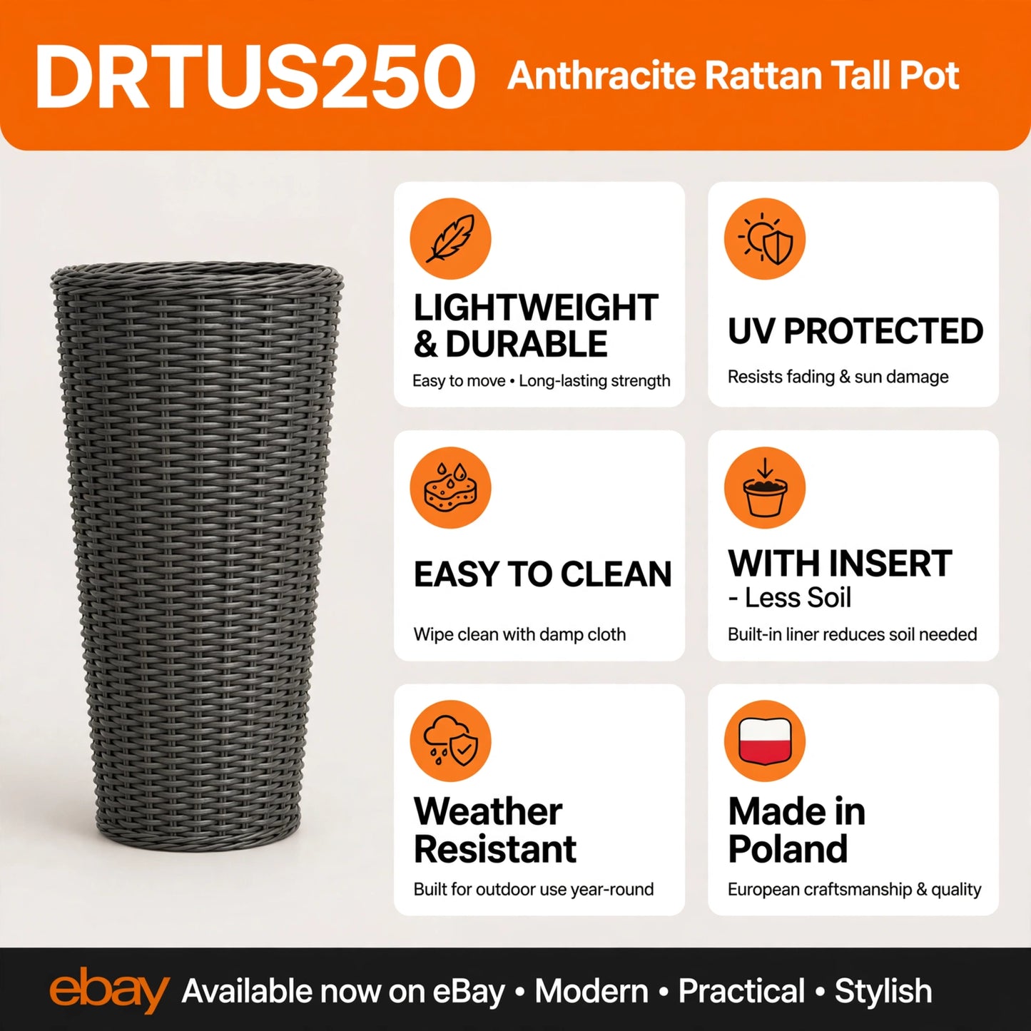 Large Tall Outdoor Flowerpot Anthracite 30cm Rattan Effect Planter With Insert