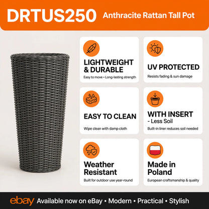 Large Tall Outdoor Flowerpot Anthracite 30cm Rattan Effect Planter With Insert