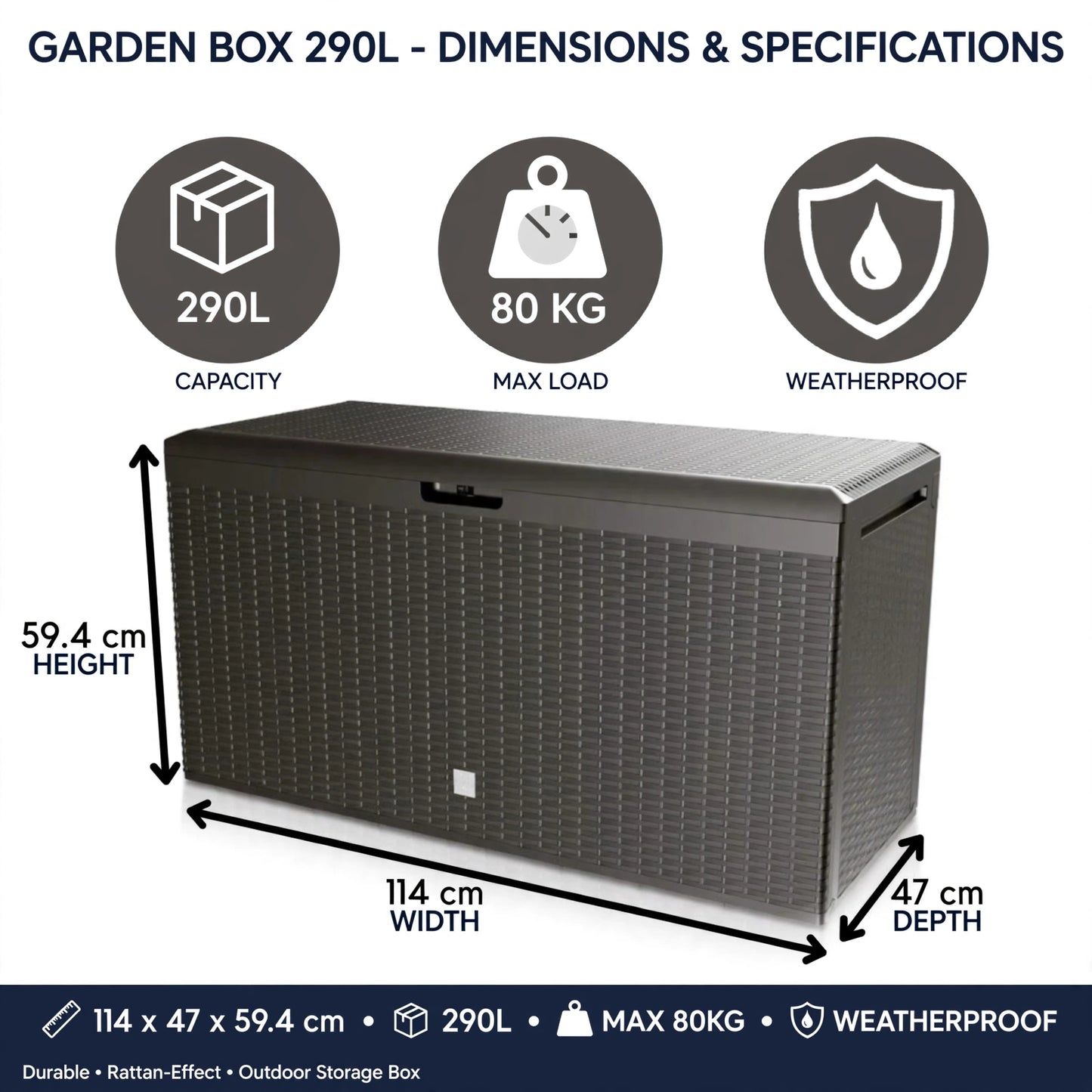290L Outdoor Garden Storage Box Lockable Cushion Chest Rattan Effect Umbra Brown