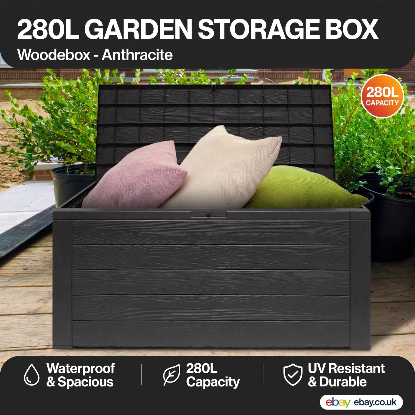 280 Litre Garden Cushion Storage Box Outdoor Anthracite Wood Effect Deck Chest