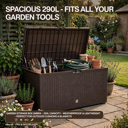 290L Outdoor Garden Storage Box Lockable Cushion Chest Rattan Effect Umbra Brown