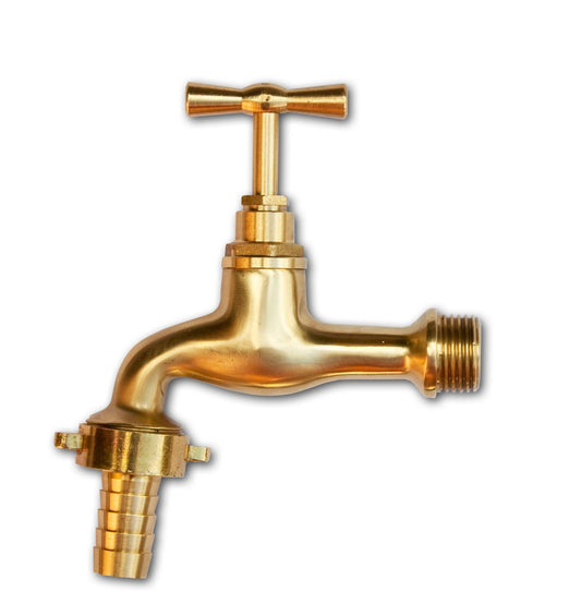 Polished Brass Garden Tap – 1/2" BSP Male Inlet & 15mm Barb Outlet