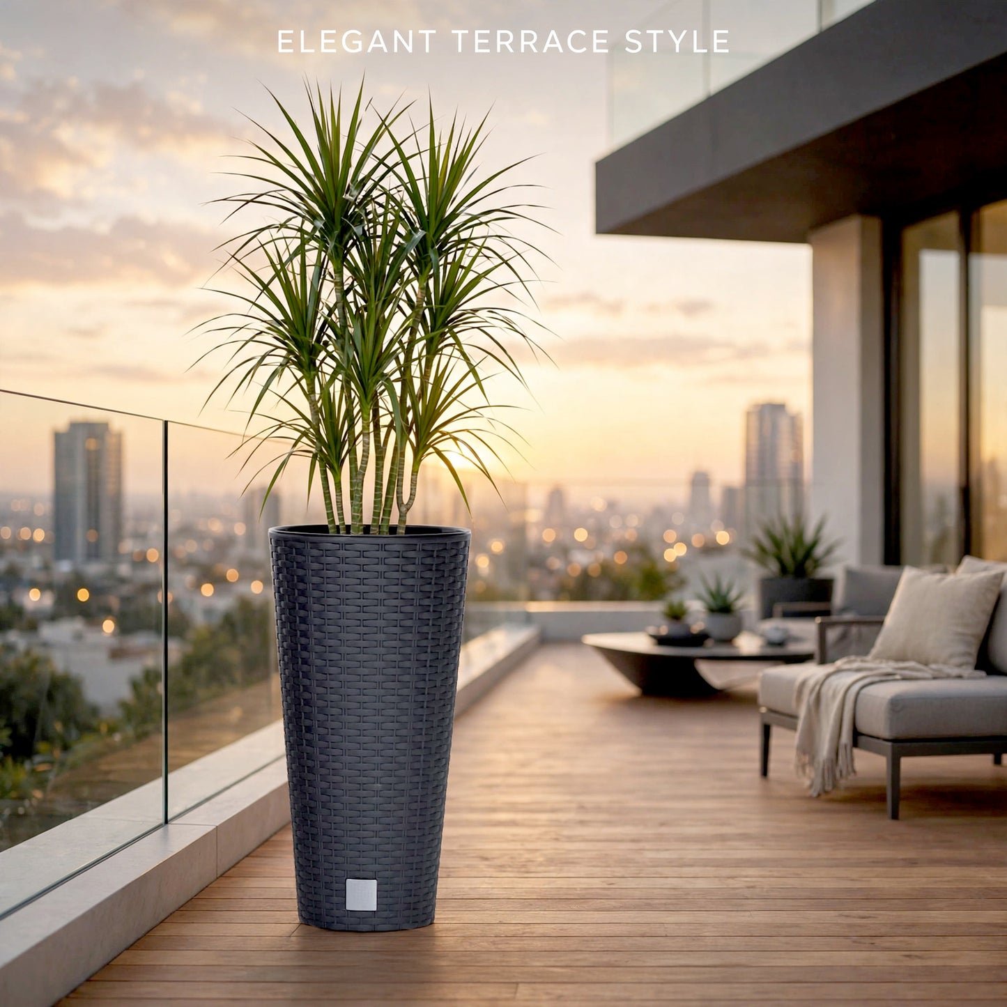Large Tall Outdoor Flowerpot Anthracite 30cm Rattan Effect Planter With Insert