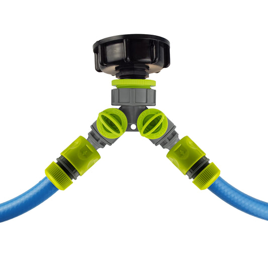 IBC 2” S60X6 Lid with Dual Valve Splitter and Garden Hose Adapter
