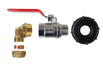IBC 2” S60X6 Tank Lid with 1” BSPM-F Lever Valve and 28mm Brass Straight Compression Fitting