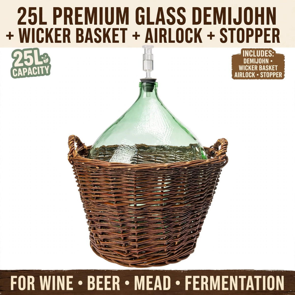 10L 15L 25L Glass Demijohn with Wicker Basket for Wine Beer Cider Mead Making