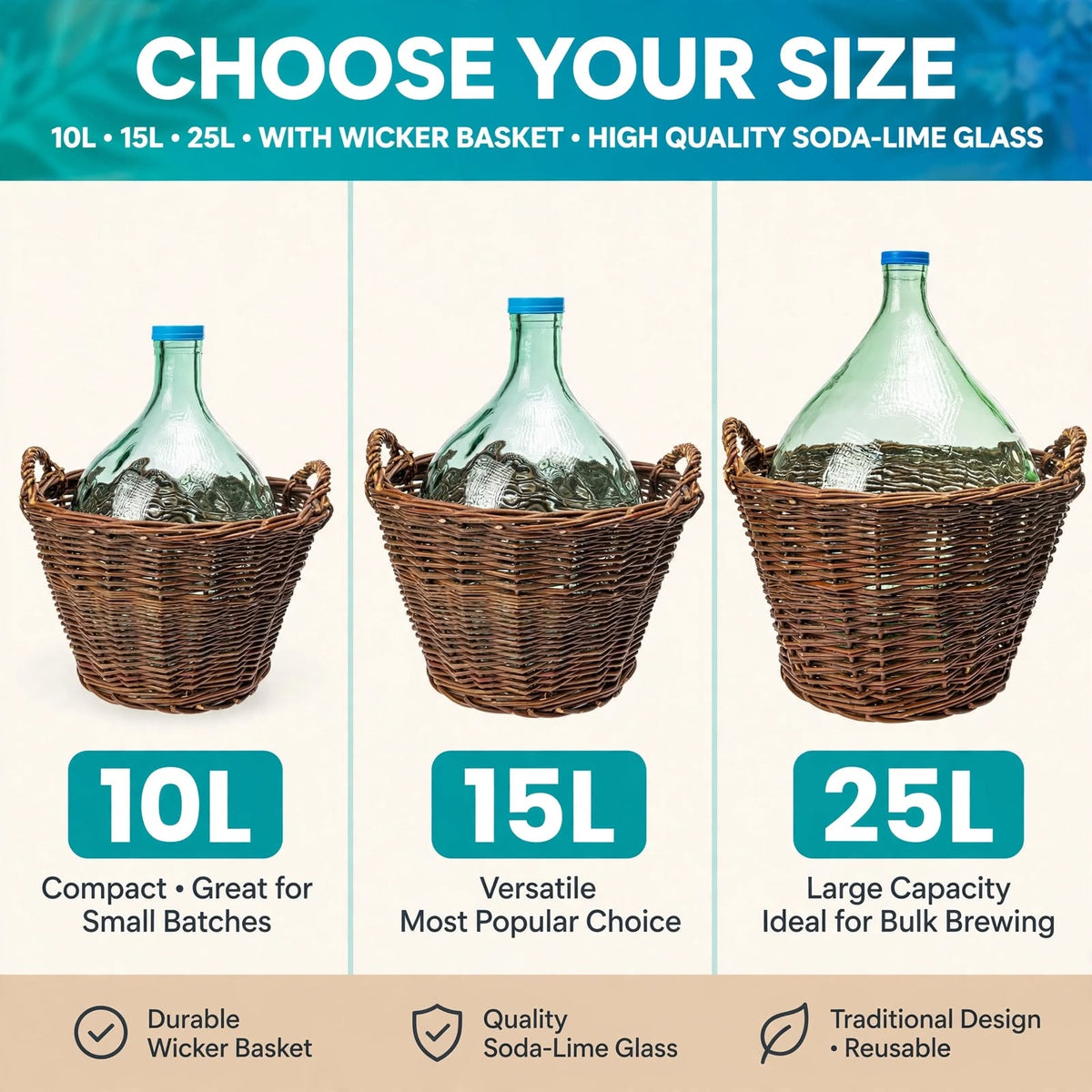 10L 15L 25L Glass Demijohn with Wicker Basket for Wine Beer Cider Mead Making