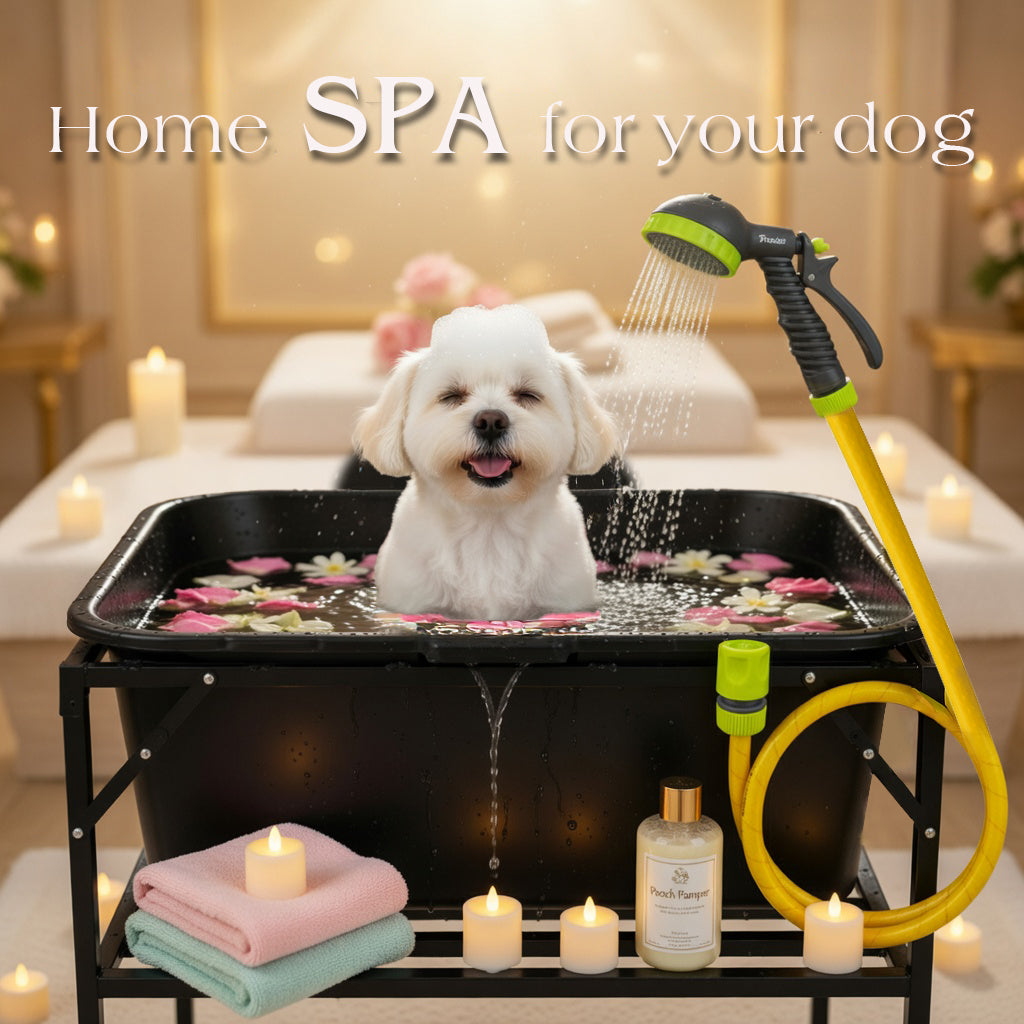 Foldable Dog Bath 90L with Stand, Drain Valve & 5m Shower Hose Grooming Kit