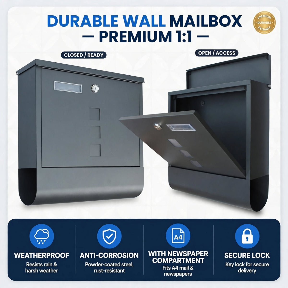 Wall Mounted Post Box Lockable A4 Letterbox Newspaper Holder Anthracite