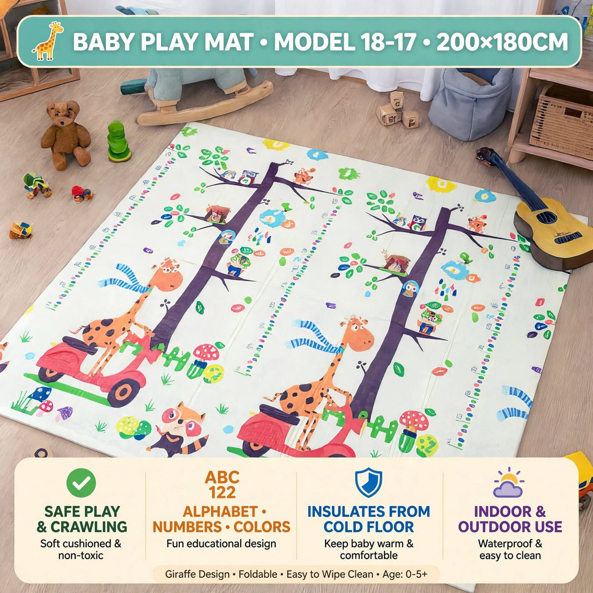 Baby Play Mat 200x180cm Foldable XPE Foam Double Sided Waterproof Crawling Mat