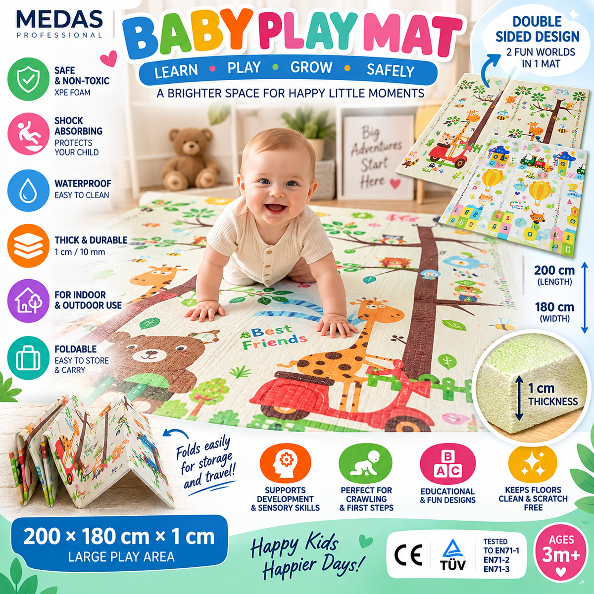 Baby Play Mat 200x180cm Foldable XPE Foam Double Sided Waterproof Crawling Mat