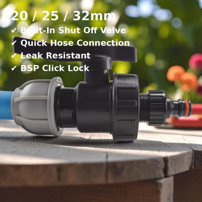MDPE Pipe Valve Tap Connector 20 25 32mm Garden Hose BSP Click Lock