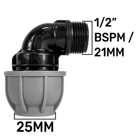 25mm MDPE Elbow with 1/2” BSP Male Thread