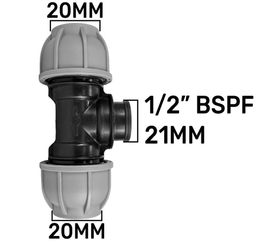 20mm MDPE Tee Fitting × ½″ BSP Female Thread × 20mm