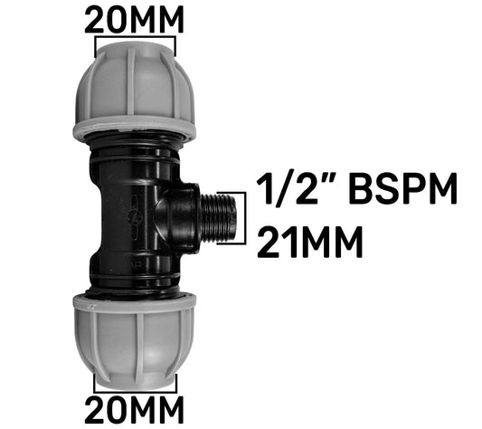 20mm MDPE Tee Fitting × ½″ BSP Male Thread × 20mm