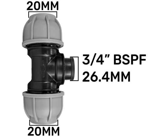 20mm MDPE Tee Fitting × 3/4″ BSP Female Thread × 20mm