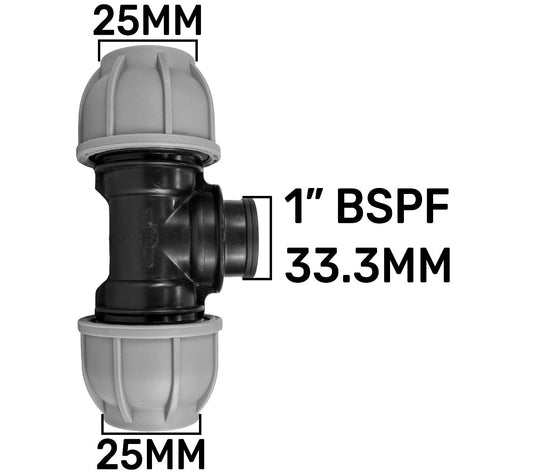 25mm MDPE Tee Fitting × 1″ BSP Female Thread × 25mm