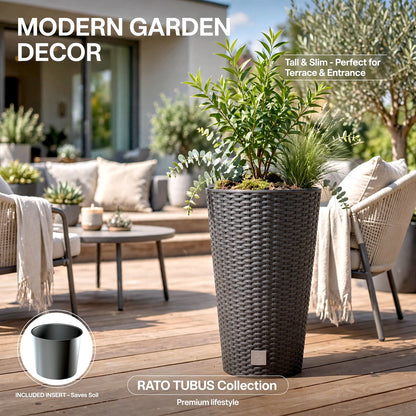 Large Tall Outdoor Flowerpot Anthracite 25cm Rattan Effect Planter With Insert