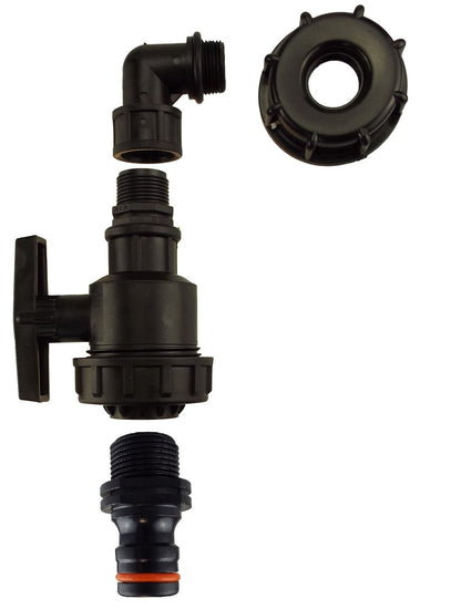 IBC 2” S60X6 Lid with Angled Connector, Large Plastic Valve and Male Quick Coupling
