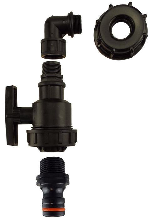 IBC 2” S60X6 Lid with Angled Connector, Large Plastic Valve and Male Quick Coupling