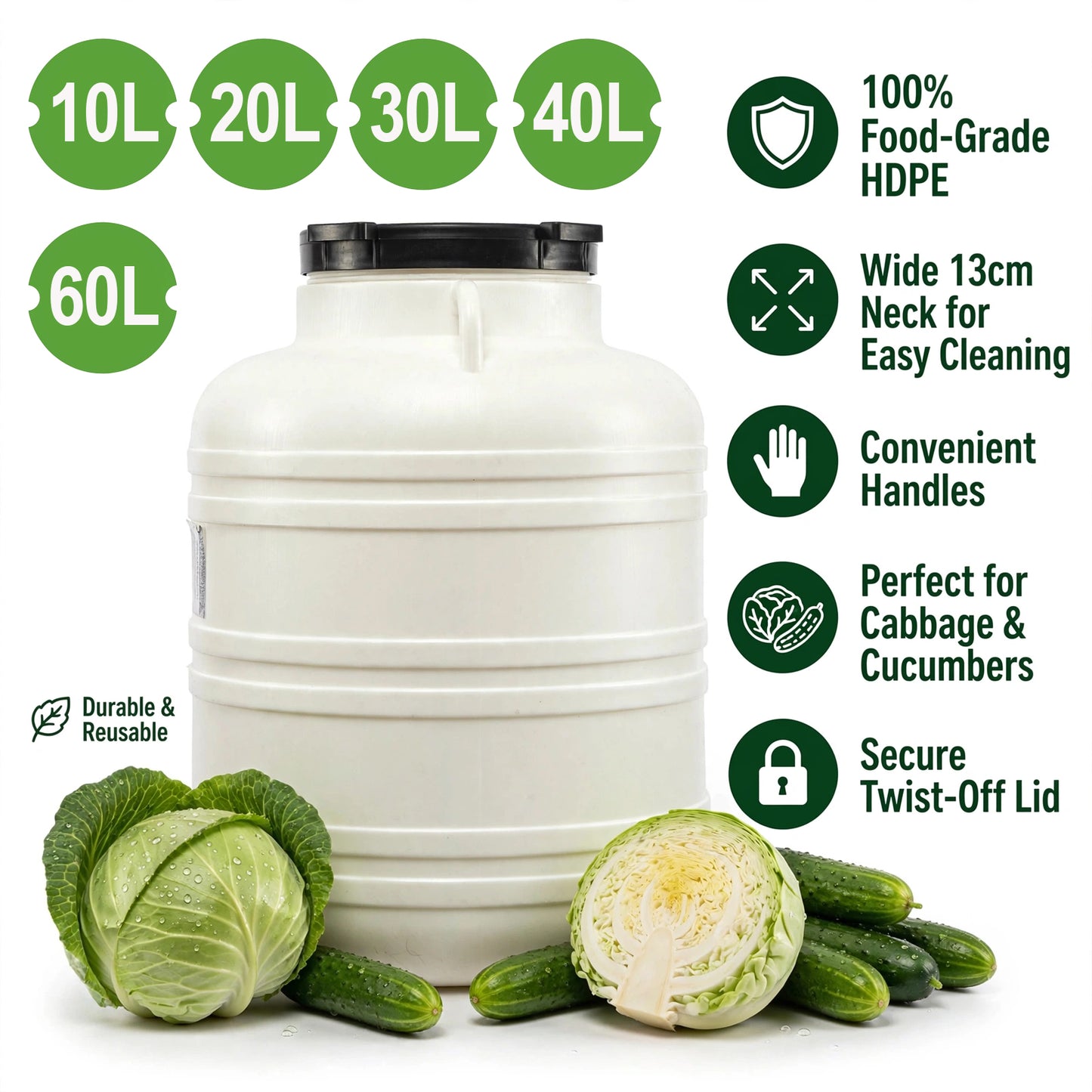 Fermentation Barrel Food Grade HDPE Pickling Container with Lid & Handles 10L-60L