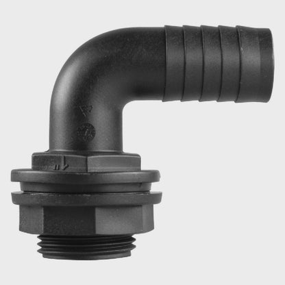 1" BSPM 90° Tank Connector with Washer, Nut & 1" Barb – Includes Drill Bit