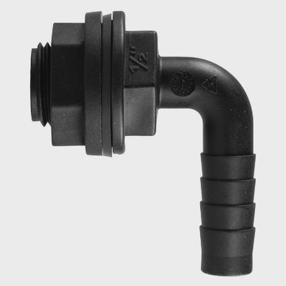 1/2" BSPM 90° Tank Connector with Washer, Nut & 1/2" Barb – Includes Drill Bit