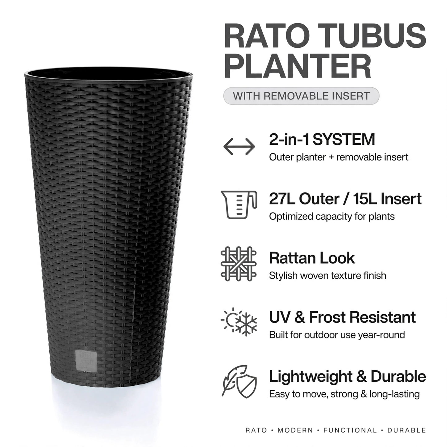 Tall Round Rattan Effect Planter with Insert 27L Anthracite Indoor Outdoor Pot