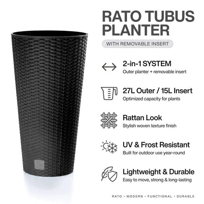 Tall Round Rattan Effect Planter with Insert 27L Anthracite Indoor Outdoor Pot