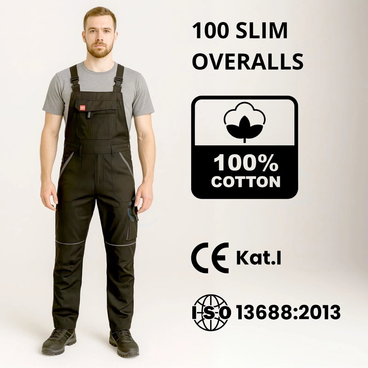 Bib & Brace Overalls Men Mechanic Work Trousers Multi Pocket Knee Pad - BLACK - 100 Slim