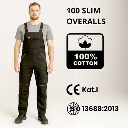 Bib & Brace Overalls Men Mechanic Work Trousers Multi Pocket Knee Pad - BLACK - 100 Slim