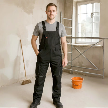 Bib & Brace Overalls Men Mechanic Work Trousers Multi Pocket Knee Pad - BLACK - 100 Slim