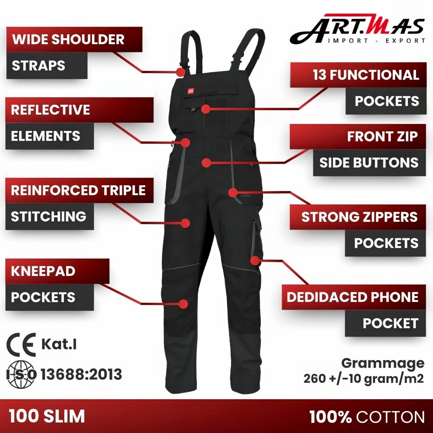 Bib & Brace Overalls Men Mechanic Work Trousers Multi Pocket Knee Pad - BLACK - 100 Slim