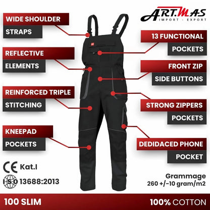Bib & Brace Overalls Men Mechanic Work Trousers Multi Pocket Knee Pad - BLACK - 100 Slim