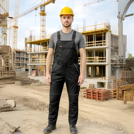 Bib & Brace Overalls Men Mechanic Work Trousers Multi Pocket Knee Pad - BLACK - 100 Slim