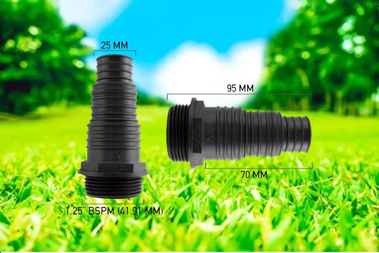 Stepped Multi-Size Pond/Water Butt Hosetails with Nut &amp; Washer 1.25"BSPM- 25/32/38mm