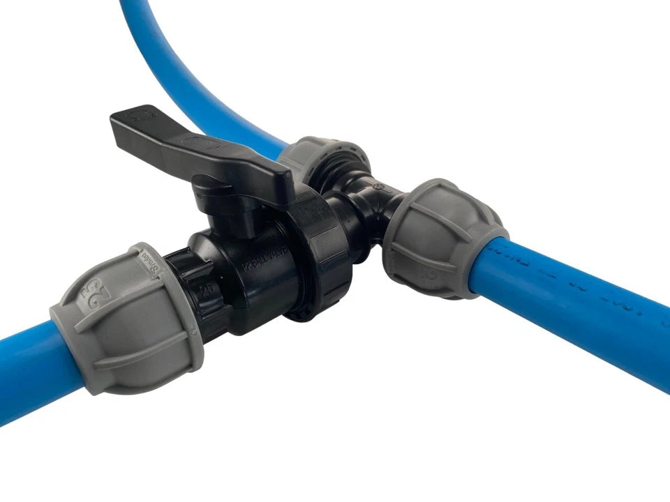 MDPE Compression Tee with Shut Off flow control Valve Water Pipe Fitting 20-32mm