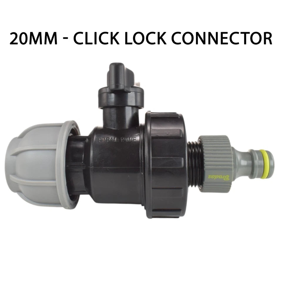 MDPE Pipe Valve Tap Connector 20 25 32mm Garden Hose BSP Click Lock