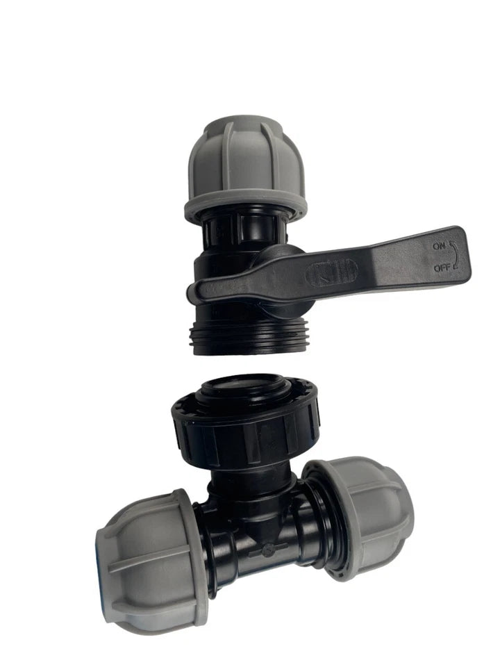 MDPE Compression Tee with Shut Off flow control Valve Water Pipe Fitting 20-32mm