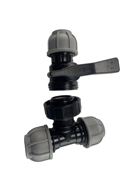 MDPE Compression Tee with Shut Off flow control Valve Water Pipe Fitting 20-32mm