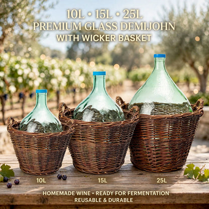 10L 15L 25L Glass Demijohn with Wicker Basket for Wine Beer Cider Mead Making